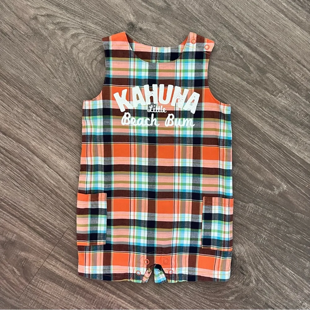 🍄 3/$15 Carter’s Romper Boys 18M Orange Plaid Beach Bum Surf Graphic Cotton